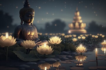 Buddha Purnima Vesak Buddha Statue with Lotus and Candles