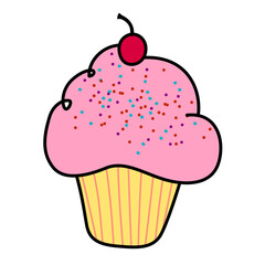 cherry cupcake cartoon doodle style line drawing vector illustration