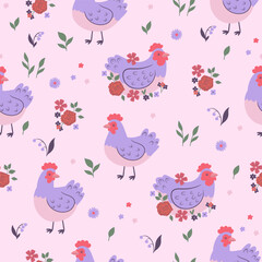 Seamless pattern with cute chickens and flowers. Vector graphics.