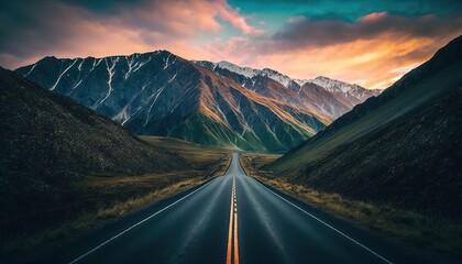 long road to the mountain adventure scene, idea for travel and desire feel theme background wallpaper, Generative Ai