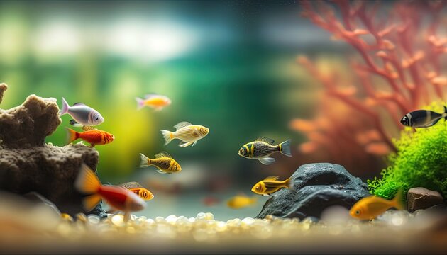 mini small aquarium scene underwater world full of fish swimming among forest , Generative Ai