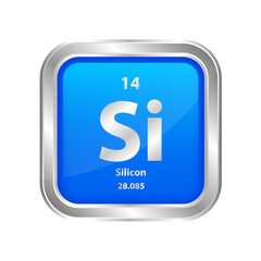 Icon structure Silicon (Si) number 14 chemical element square blue line silver. Periodic table. Sign with atomic number. Study in science for education. 3D vector illustration.