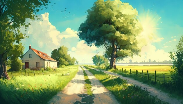 anime scenery of rural countryside natural landscape, Generative Ai
