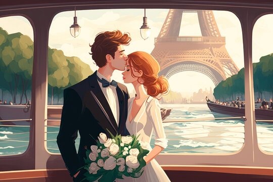 newlyweds kissing on a boat on the seine with the eiffel tower in the background - illustration - Generative AI