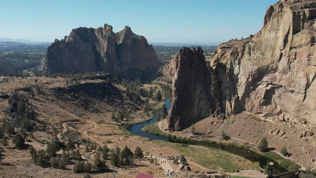 Flying over the entrance of Smith Rock State Park.
