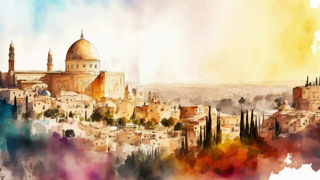 Jerusalem city watercolor panoramic painting, front view