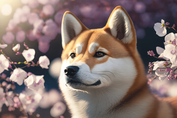 Shiba Inu with cherry blossoms, sakura - Generative AI