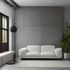 A minimalist living room with a white sofa and a concrete coffee table3, Generative AI