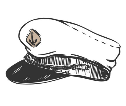 Captain's cap on a white background. Element of the officer's uniform of the navy. Captain's hat in vintage style. Vector illustration in graphic style, engraving effect.