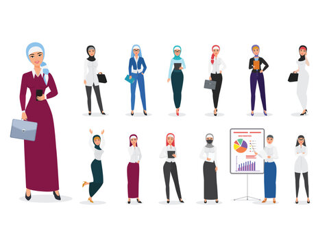 set Muslim arabian businesswoman character poses