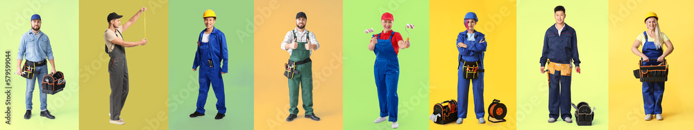 Poster set of different workers on color background