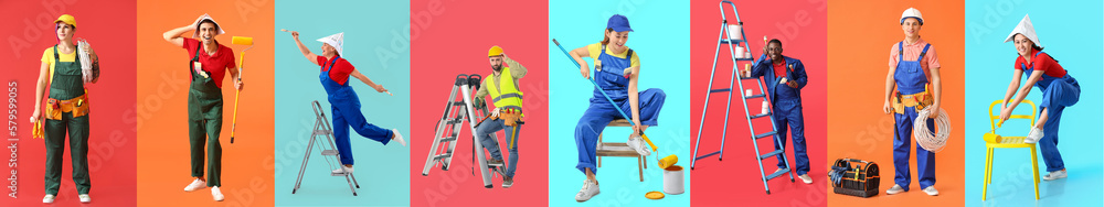 Poster group of different workers on color background