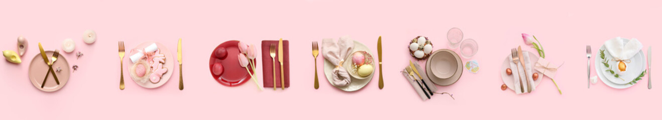 Set of elegant table settings for Easter dinner on pink background
