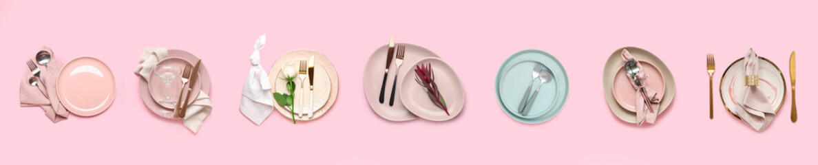 Set of elegant table settings on pink background