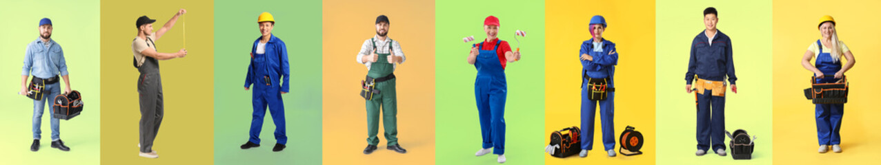 Set of different workers on color background