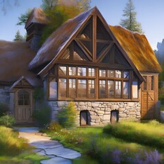 A rustic home with exposed beams and stone walls3, Generative AI