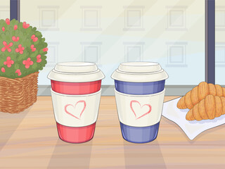 Coffee shop. Two cups of coffee on table. View from the cafe window. Vector illustration.