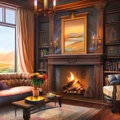A cozy den with a fireplace and comfortable furniture 2_SwinIRGenerative AI