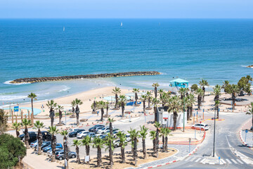 Naklejka premium View of beautiful sea coast with palm trees and cars