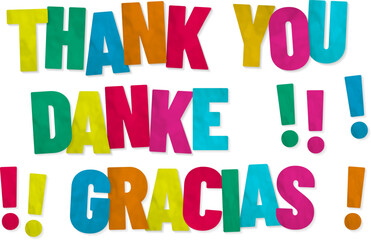 Multicolored THANK YOU lettering in English, German and Spanish