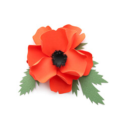Naklejka premium Paper poppy flower with leaves on white background