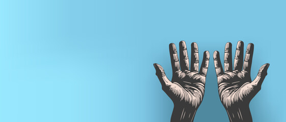 Vector human worker palms raised to the top. Dark wrinkled hands on a blue background.