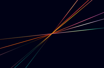 Reflection of a colorful beam, lens. Rainbow spectrum, flash of bright iridescent light beam, a glowing lasar ray. Flicker or focus, shine through the prism of the lens, broken line of light. Vector.