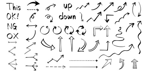 Set of black color hand drawn arrows. Vector illustration.