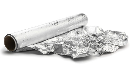 Crumpled aluminium foil on white background