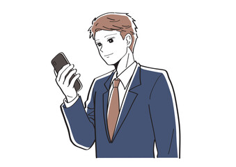 スマホを見て微笑むスーツ姿の男性のイラスト
