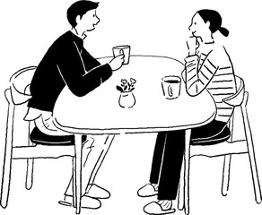 お茶をしている男女の手描きベクター線画