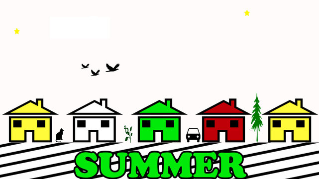 illustration of a house with a background summer text in it