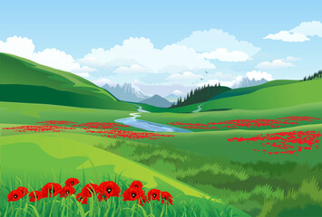 Spring summer landscape of mountains and valleys. holiday Nauryz background postcard. Vector illustration