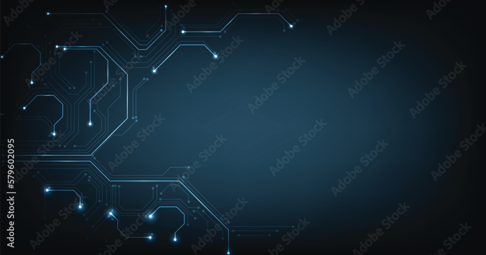 Poster Circuit board dark blue technology background.Vector abstract technology illustration Circuit board on blue background.High-tech circuit board connection system concept.