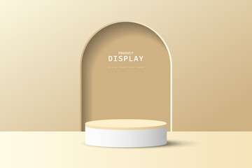 studio room rendered 3d white brown cylinder podium pedestal or product display stand with arch door shape background. 3d vector geometric platform. stage for product presentation.