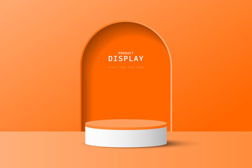 studio room rendered 3d white orange cylinder podium pedestal or product display stand with arch door shape background. 3d vector geometric platform. stage for product presentation.