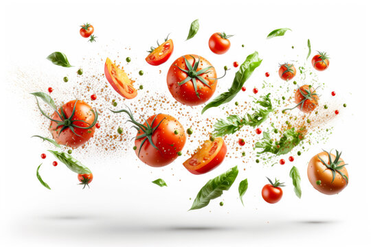 photo shows the ingredients for a flying tomatoes salad, isolated on a white background. AI generative