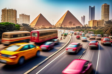 A busy city street with cars and taxis in a blurred motion, surrounded by pyramids of cairo, made with generative ai