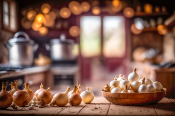 Obraz na płótnie Canvas Onions and garlic on a rustic kitchen table. AI generative