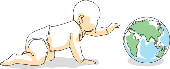 Happy Earth Day Illustration. Landscape baby playing with earth ball on the white background. Drawing outline concept