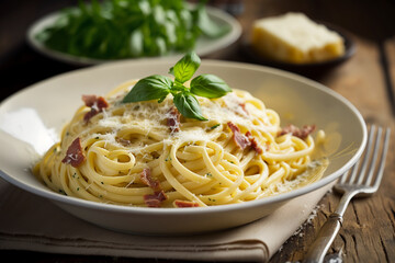 Carbonara: A popular Italian pasta dish made with spaghetti or fettuccine noodles, pancetta or bacon, eggs, and Parmesan cheese.