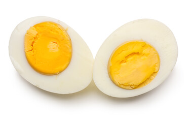 Halves of delicious boiled eggs isolated on white background