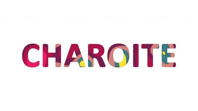 Multi-colored inscription Name of Gemstone CHAROITE with colored spots floating inside. Looped from frame 120 to 839, Alpha BW at the end