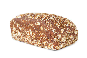 Fresh loaf of rye bread with various seeds isolated on white background