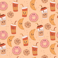 Retro groovy seamless pattern. Cute characters of coffee in paper cup to go and cookies with pastries on beige background. Vector Illustration for wallpaper, design, textile, packaging, decor