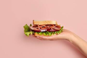 Female hand holding delicious ham sandwich on pink background
