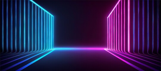 3d render, glowing lines, tunnel, laser show, neon lights, virtual reality, abstract background, square portal, arch, pink blue spectrum vibrant colours, Ai generative illustration. 