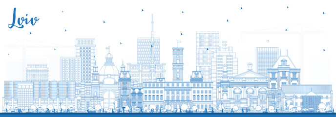 Outline Lviv Ukraine City Skyline with Blue Buildings. Vector Illustration. Lviv Cityscape with Landmarks.