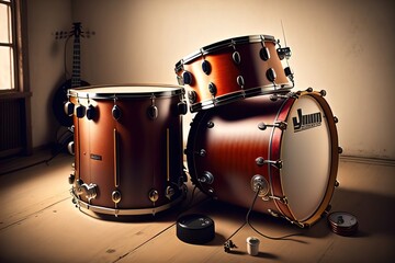 Fototapeta na wymiar Drum kit on stage, Drum kit isolated, Drums, Music Instrument, Red Drums kit, Generative AI