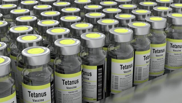 Tetanus Vaccine Mass Production in Laboratory, Bottles on Conveyor Belt in Research Lab.